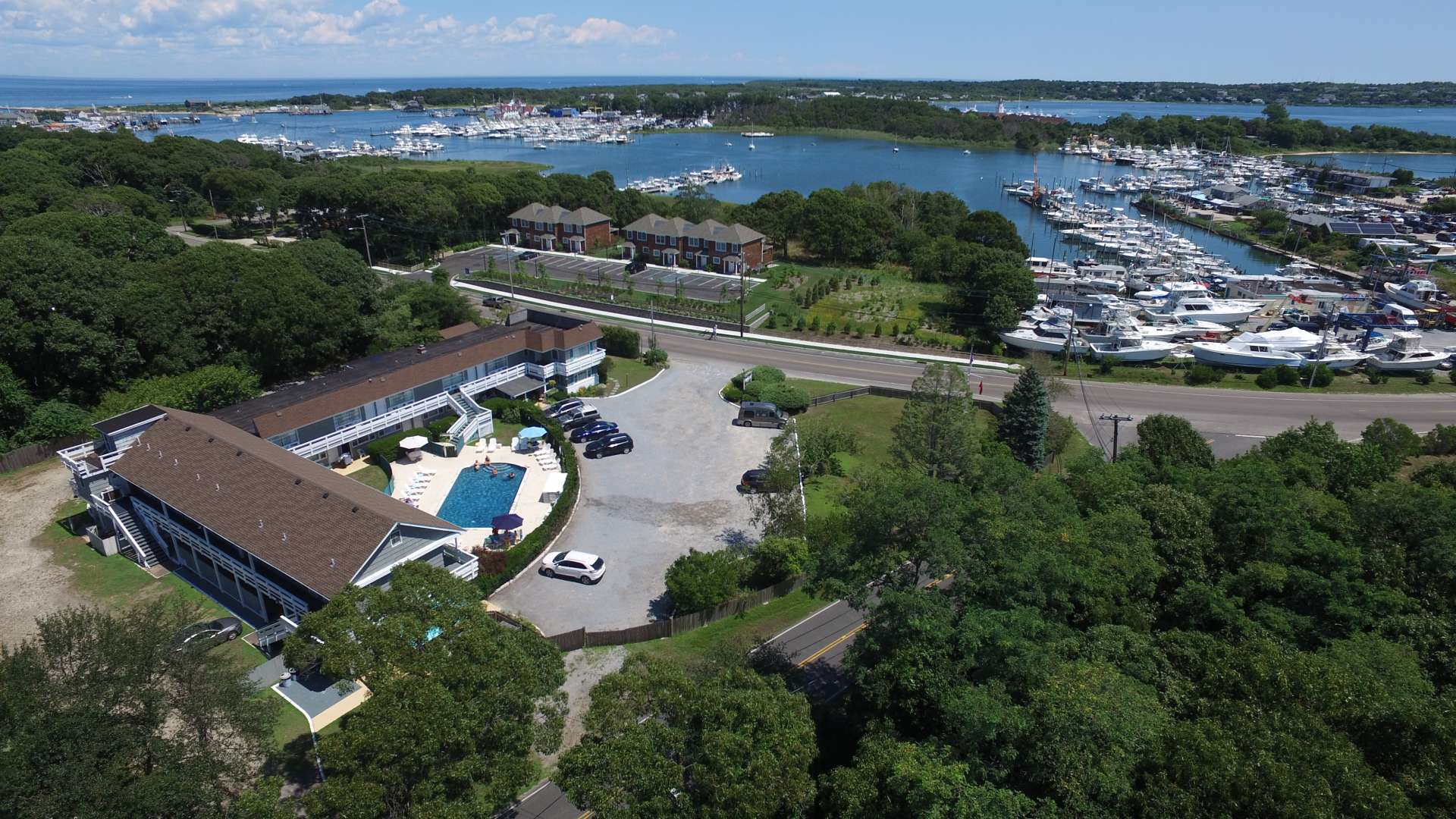 Aerial view of Harborside Resort Motel and Montauk Harbor
