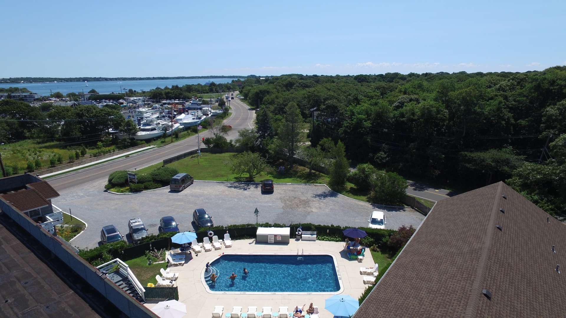Aerial view of Harborside Resort Motel Pool
